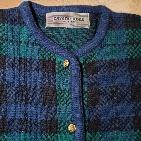 Vintage Crystal Kobe Cardigan Acryli Sweater Green Tartan Plaid Gold Buttons 80s - Picture 4 of 12